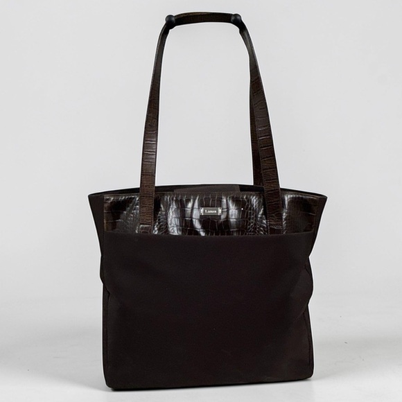 Lauren Ralph Lauren Brown Croc Embossed Tote Bag Patent Trim Large Shoulder Bag - Picture 6 of 6